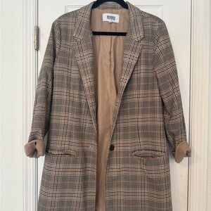 Steve Madden Plaid Long Oversized Blazer in Tan, Black and Cream
